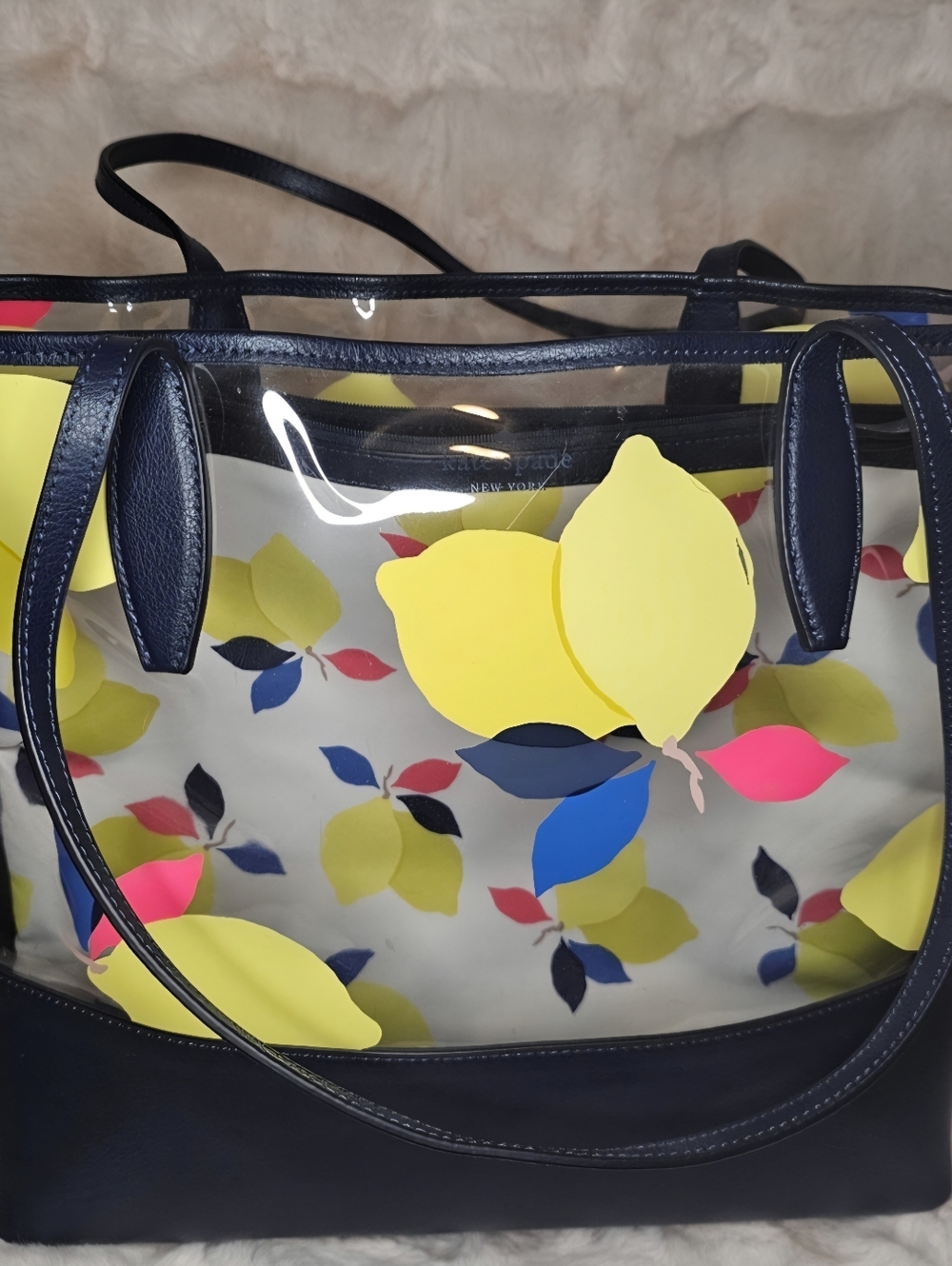 kate spade Navy Clear Tote with Yellow Lemon Print and Multicolor Accents